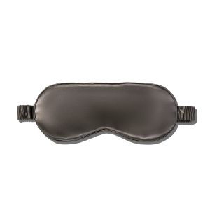 Ahrora silk sleep mask in black with elastic strap, product photo on white background.